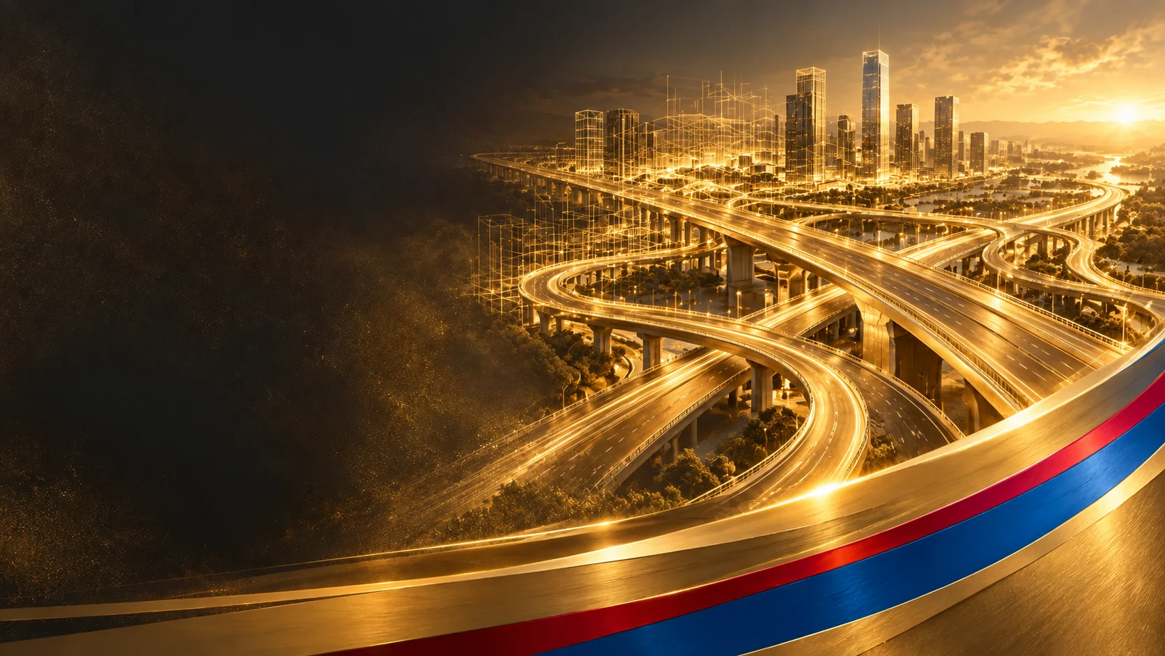 Autoestrada conceptual com viadutos e formas nas cores da marca